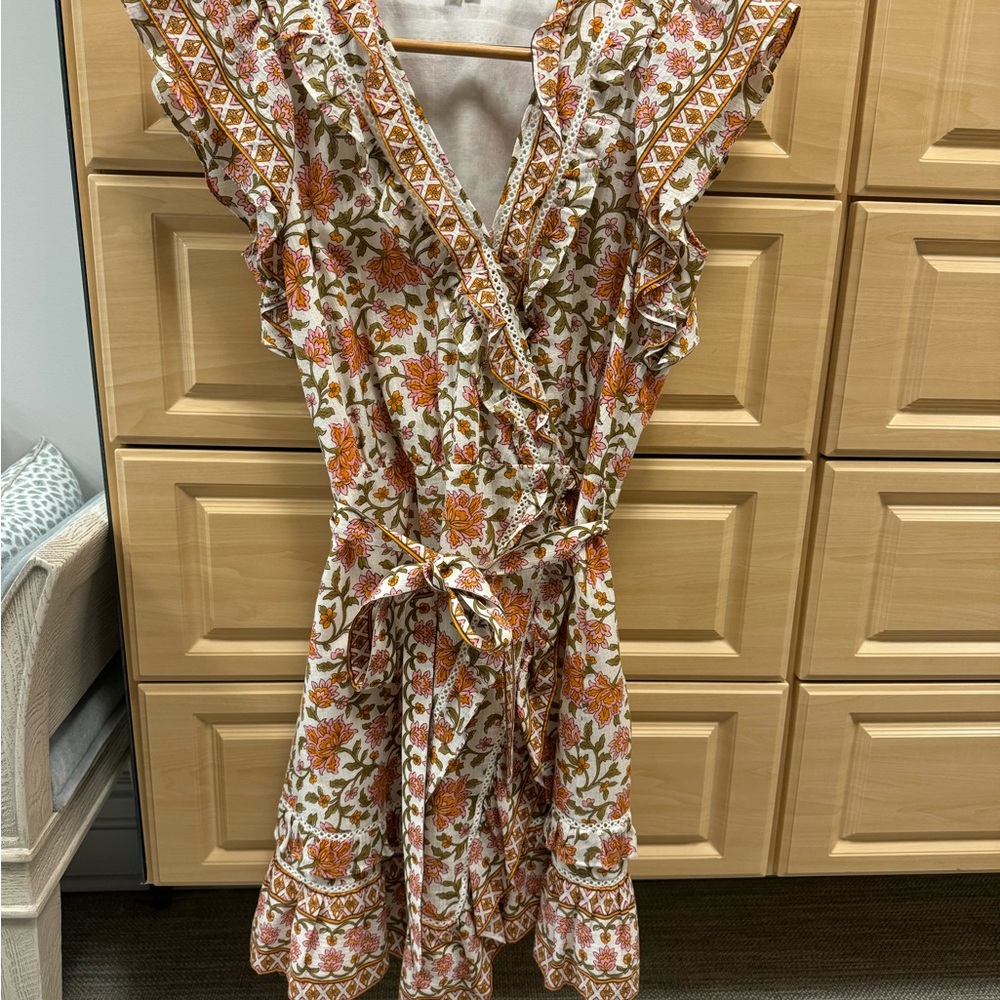 Orange Mini Sundress with Ruffled Flutter Sleeves and V-Neck for Resort Wear